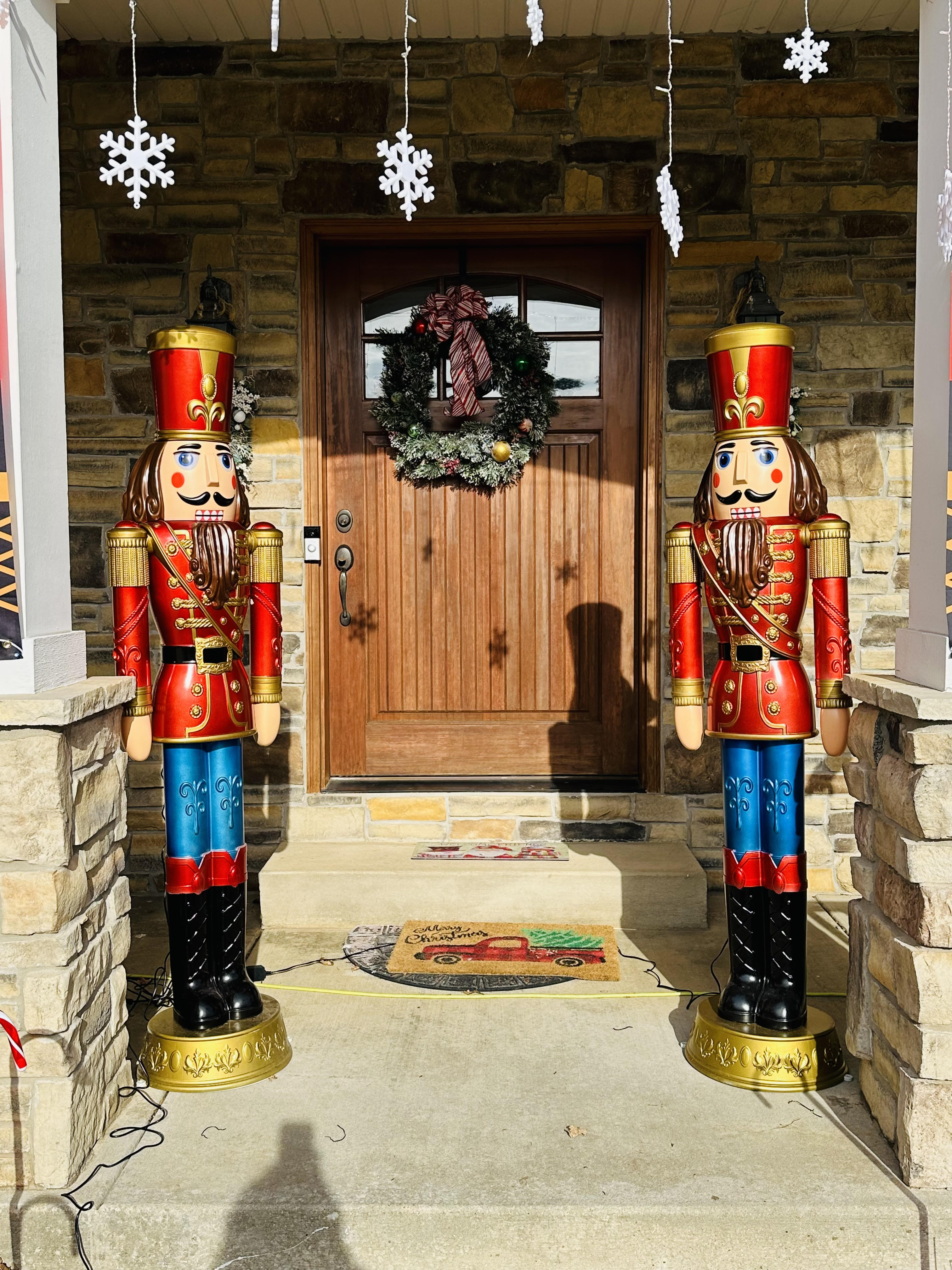 Photo of a front door of a house with lifesize nutcrackers at 4400 Blair Lane, Valparaiso, Indiana, 46383.