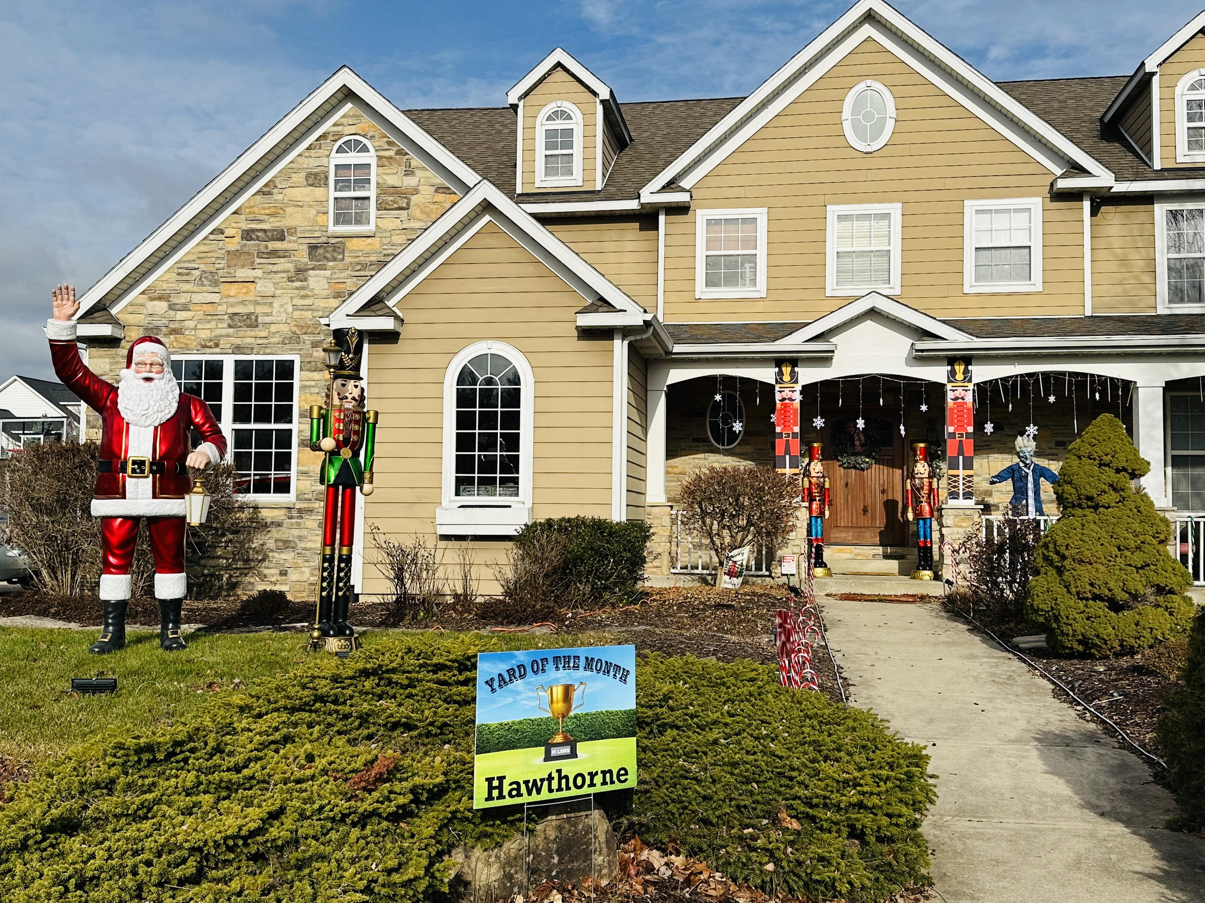 Photo of front yard decorated for Christmas at 4400 Blair Lane, Valparaiso, Indiana, 46383.