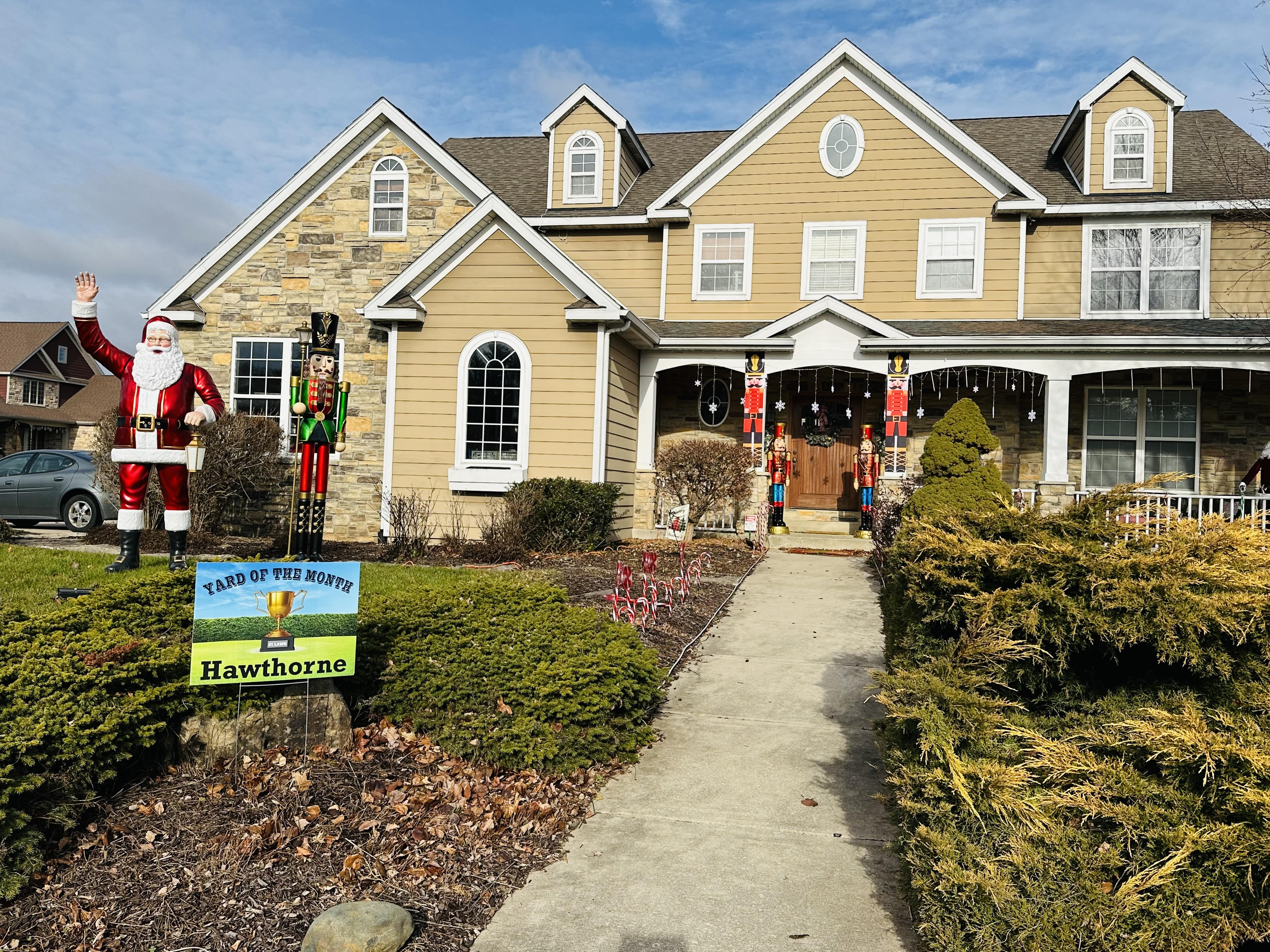 Photo of front yard decorated for Christmas at 4400 Blair Lane, Valparaiso, Indiana, 46383.